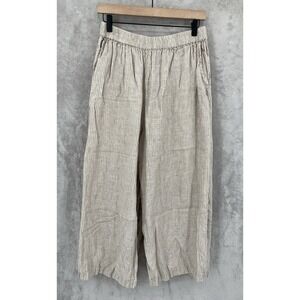 Les Umes Pants Women Medium Beige Blue Striped 100% Linen Pull On Crop Lagenlook